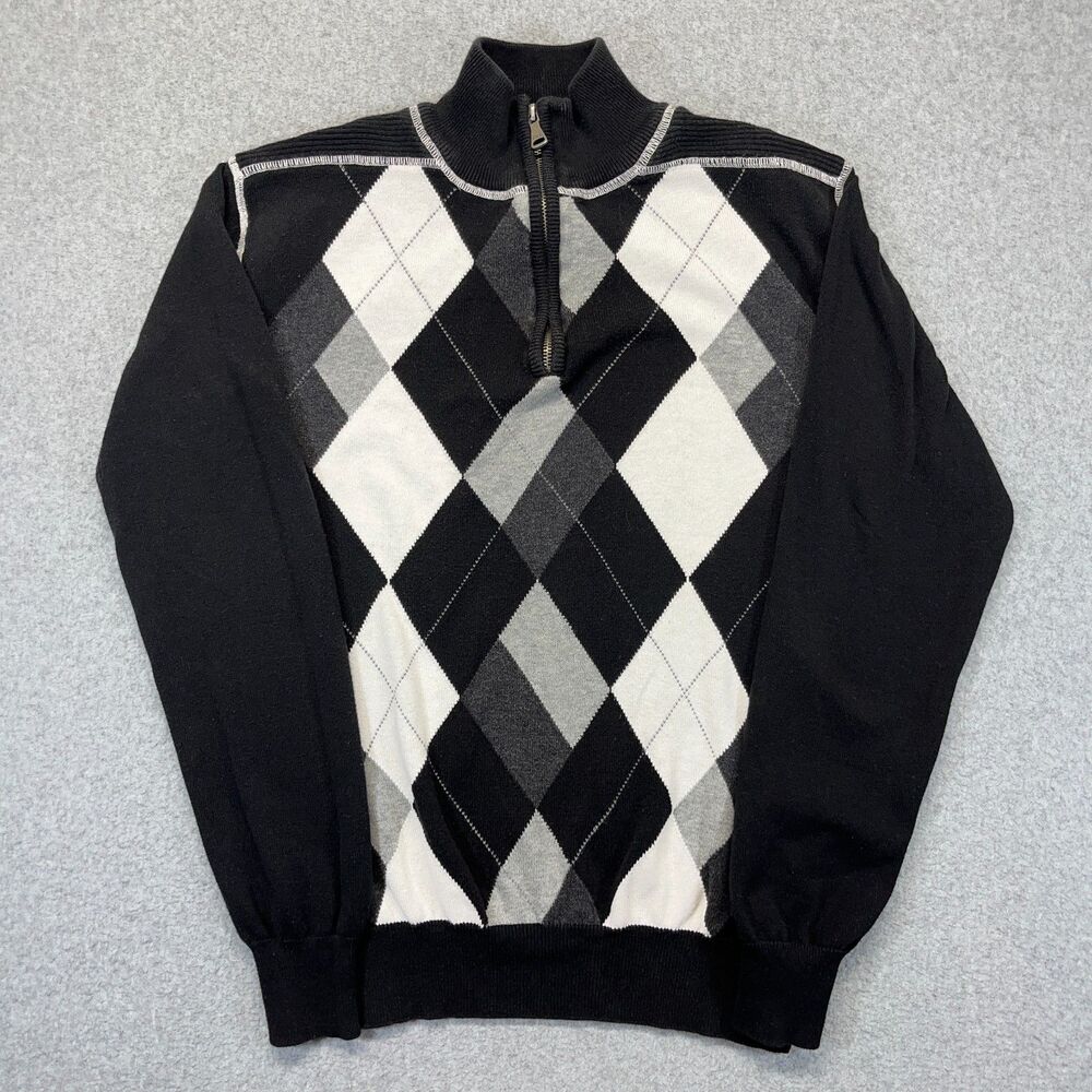 BKE 1/4 Zip Sweater Men’s Large Argyle Black Gray White Slim Fit